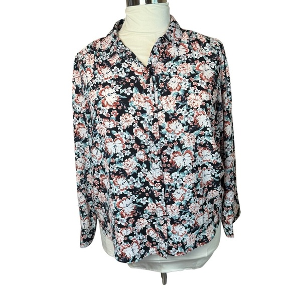 LC Lauren Conrad Button Front Shirt XXL Dark Floral Cottagecore Feminine Office - Picture 2 of 10